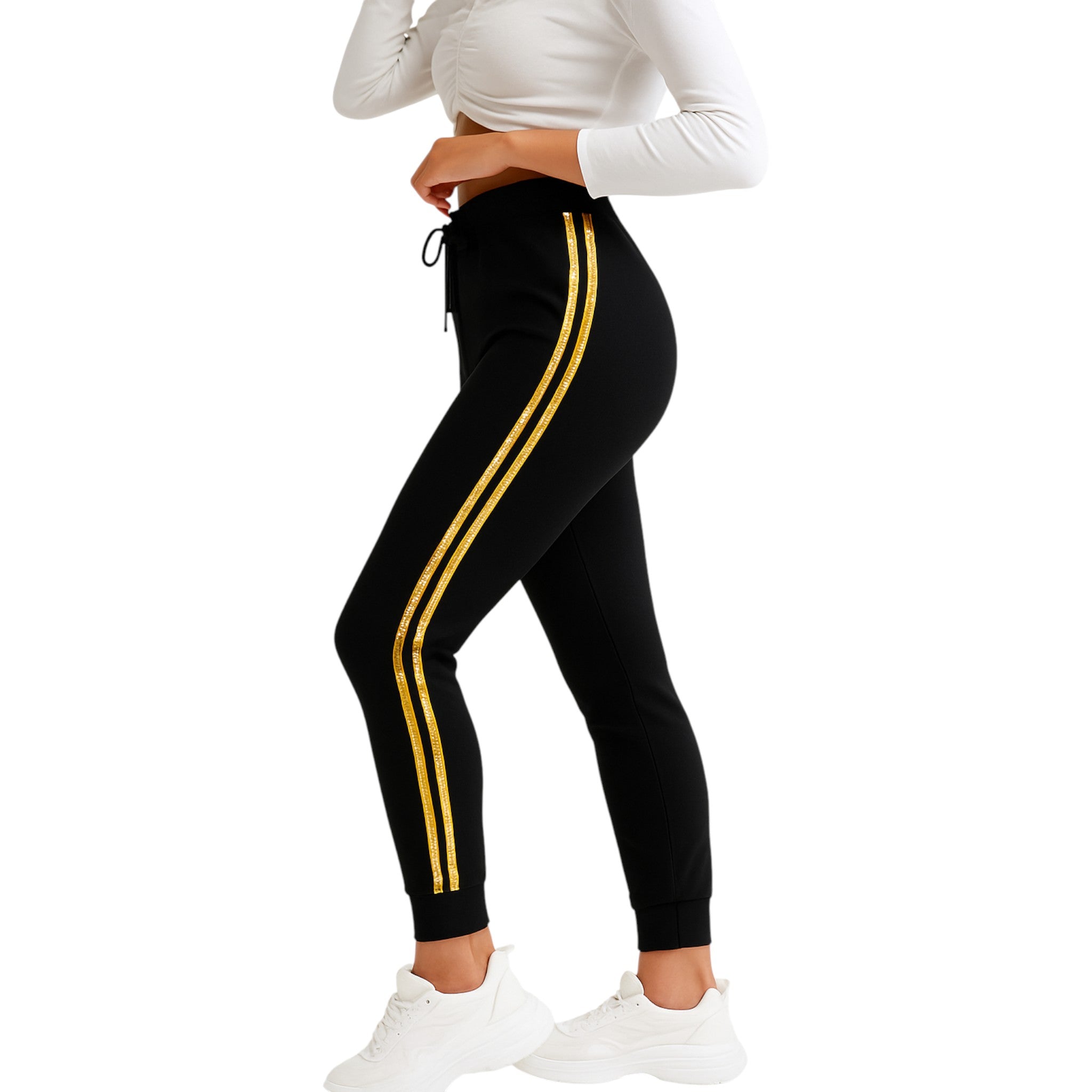 Women’s black joggers with gold double side stripes and cuffed ankles, slim fit high waisted design.